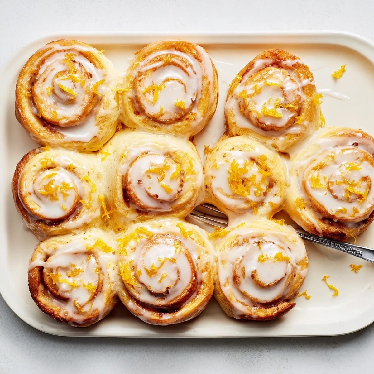 Freshly baked Homemade Glazed Orange Rolls on a rustic wooden board, with a glass of milk and scattered orange slices suggesting a perfect brunch serving.