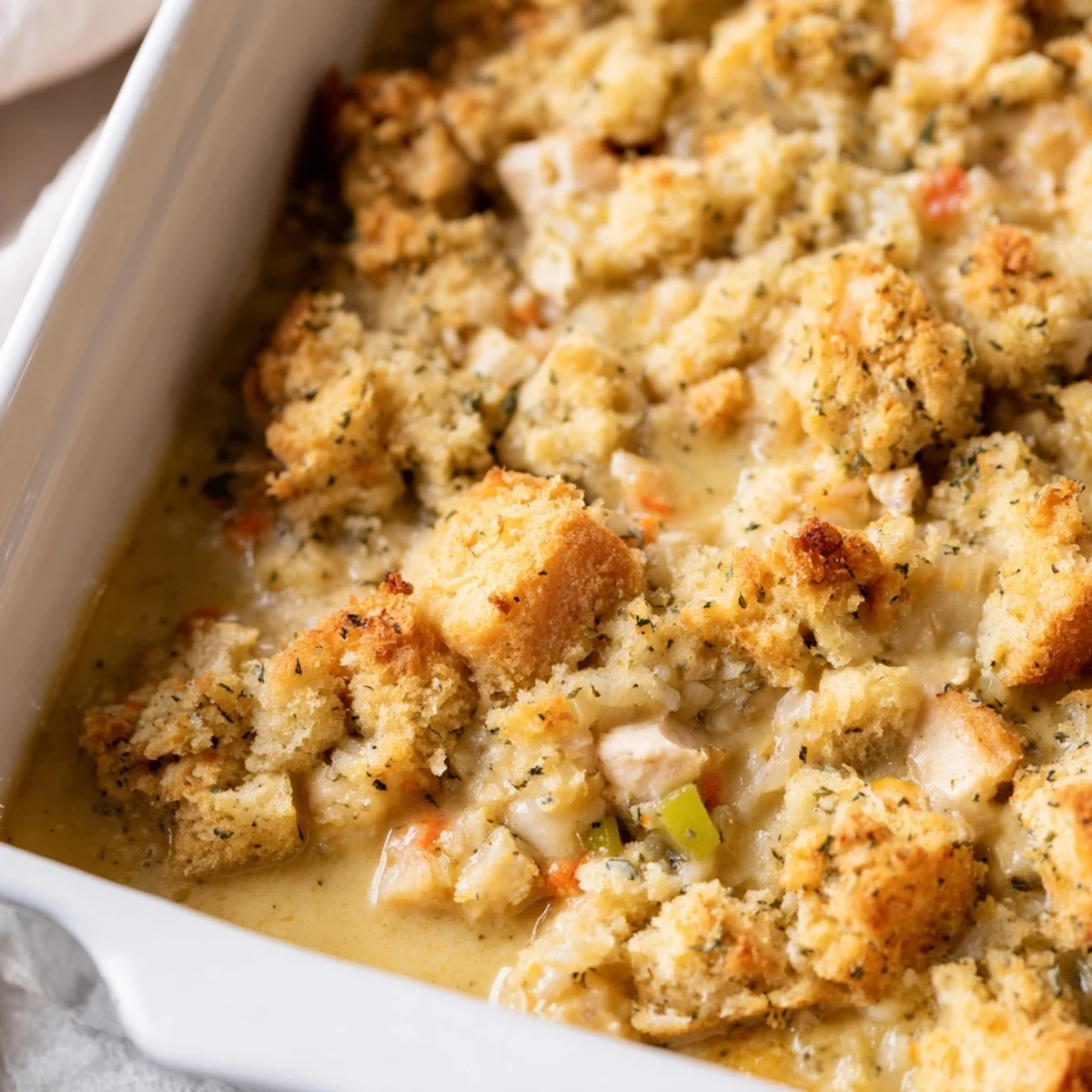 Golden, bubbling Dollys Chicken Stuffing Casserole fresh from the oven, served in a white dish.