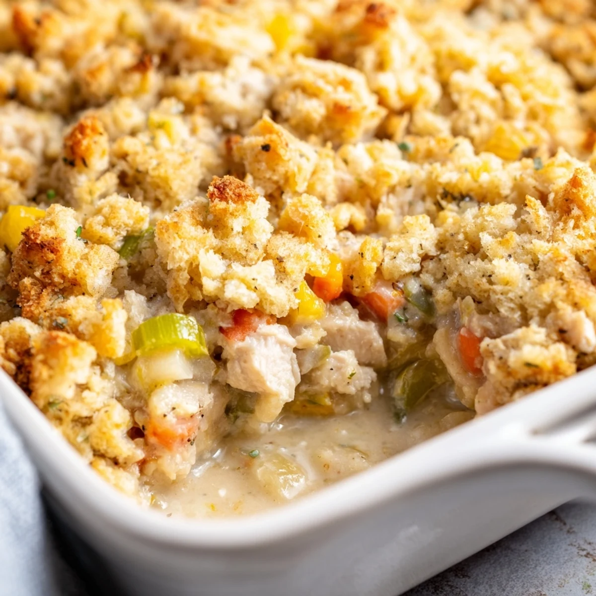 A hearty slice of Dollys Chicken Stuffing Casserole reveals creamy chicken and savory stuffing layers.
