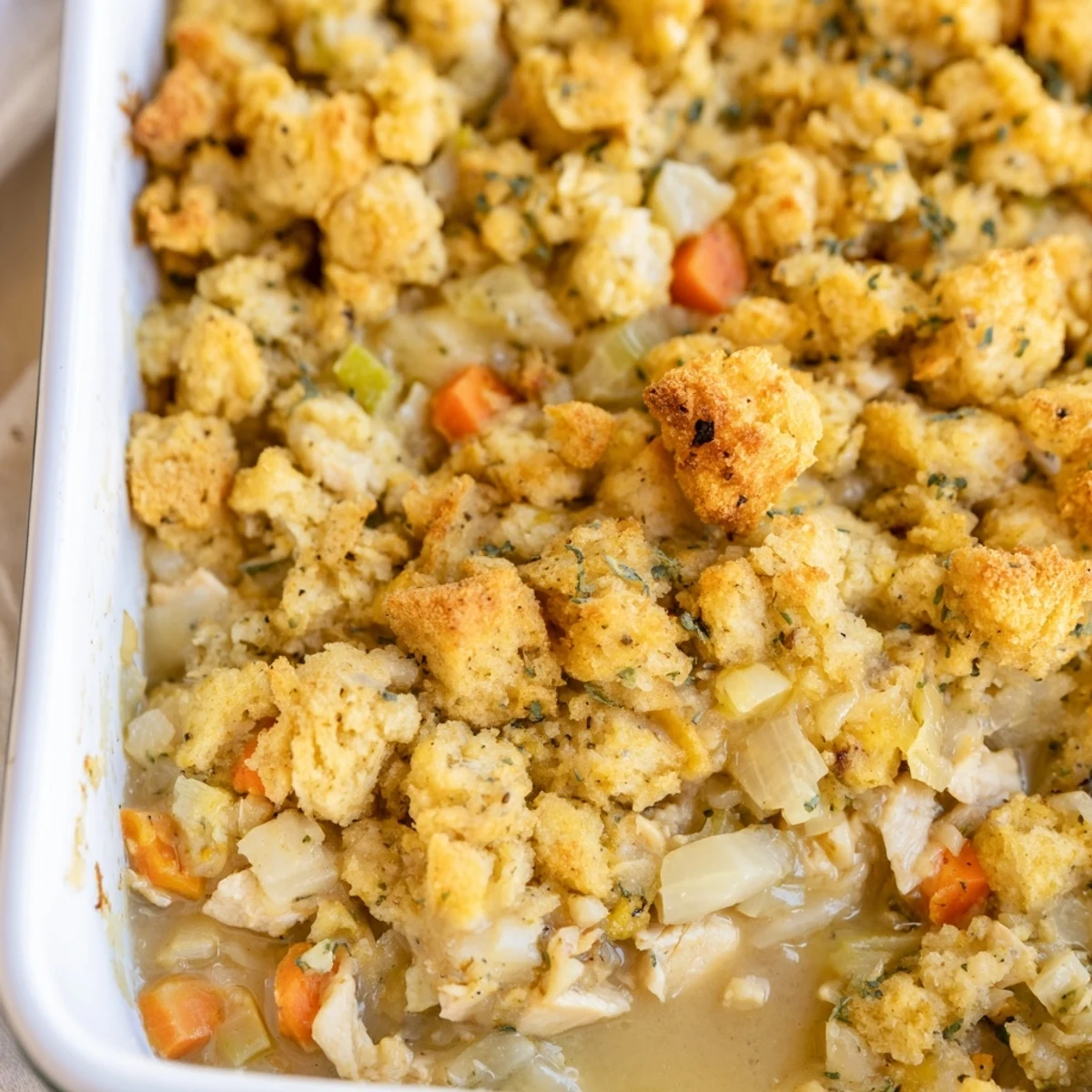 Steaming Dollys Chicken Stuffing Casserole beside a crisp green salad on a rustic table.