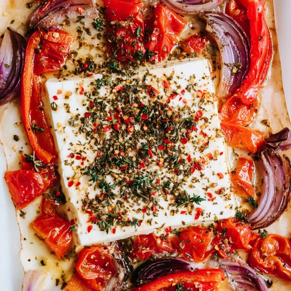 Golden-brown Spicy Baked Feta with juicy red tomatoes and onions in a rustic dish.