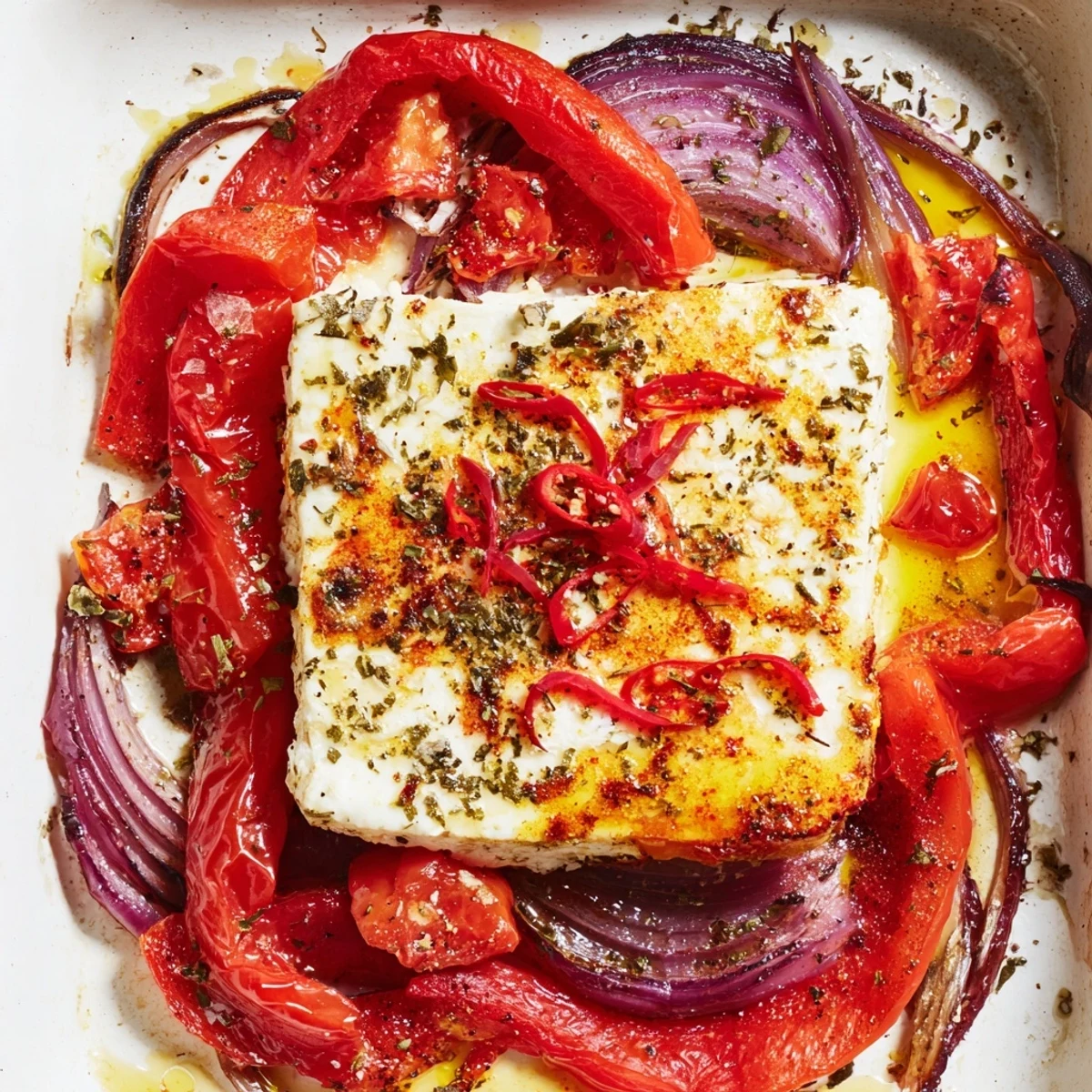 Spicy Baked Feta rests beside fresh parsley and lemon wedges for serving.