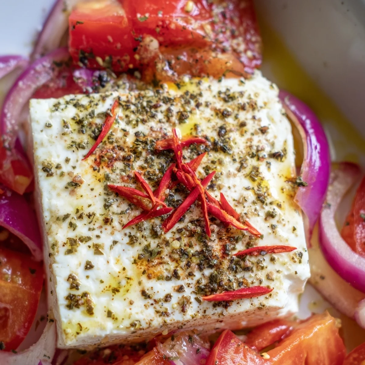 A close-up of Spicy Baked Feta with bubbly tomatoes and a side of pita bread.