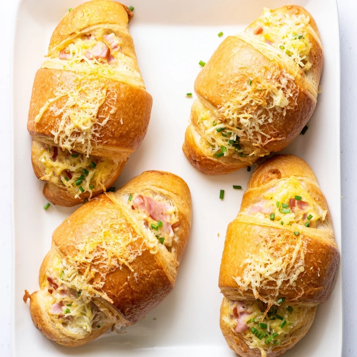 Flaky Stuffed Croissants with melted Gruyère and savory ham, served warm on a brunch plate.