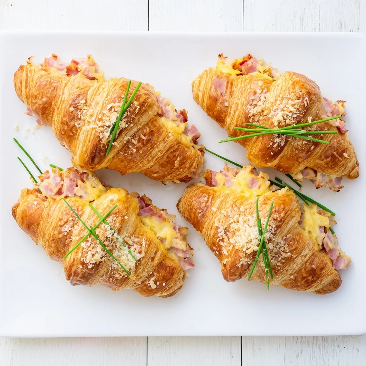 Close-up of Stuffed Croissants topped with Parmesan, revealing a gooey ham and cheese interior.