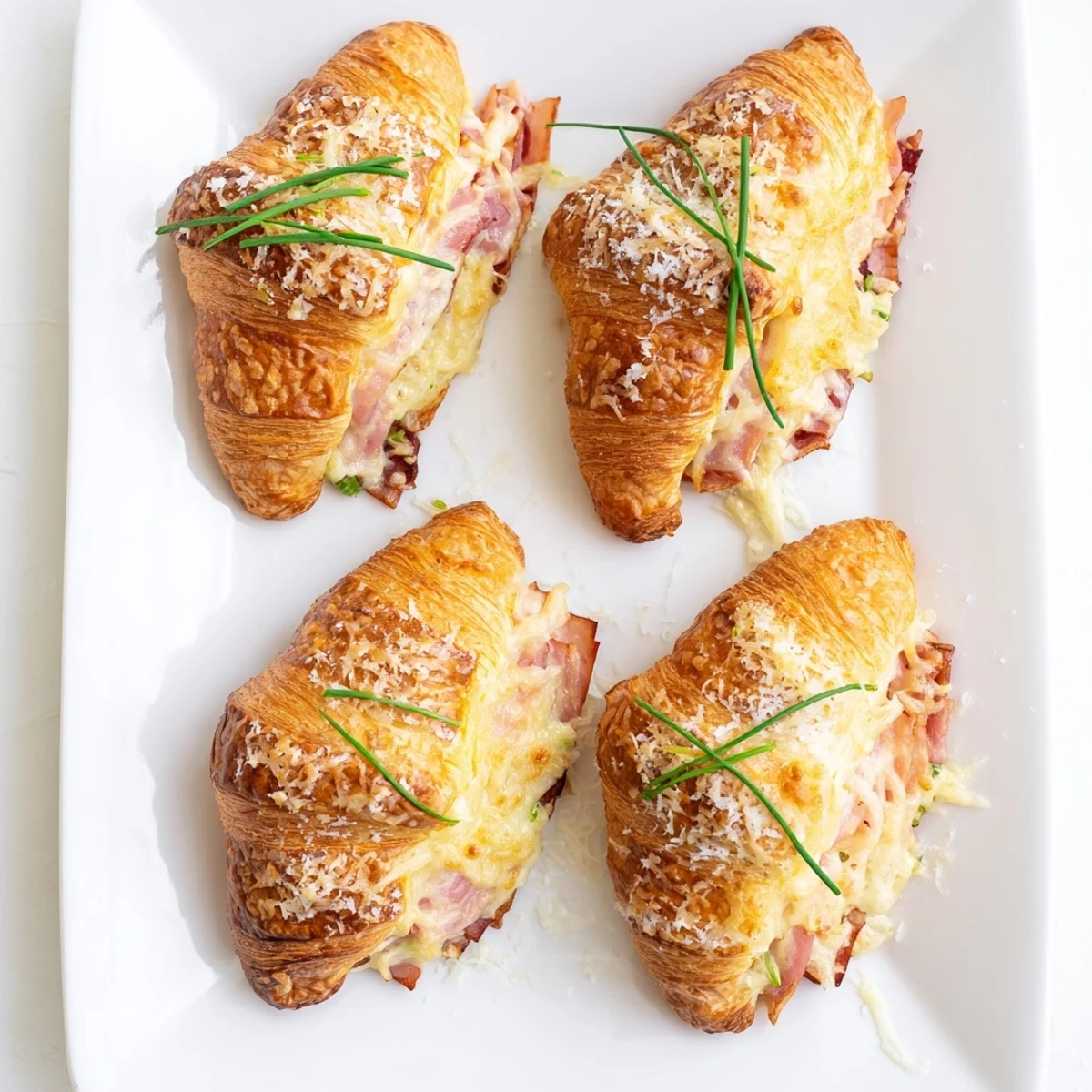Golden Stuffed Croissants reveal ham and Swiss cheese filling, brushed with butter for a crispy finish.
