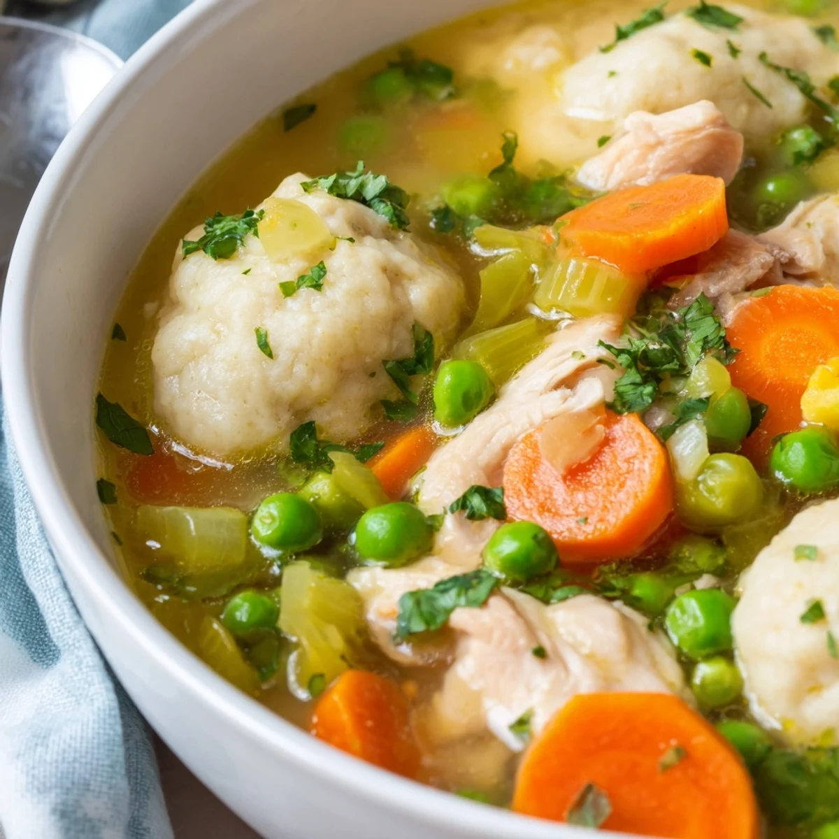 Hearty One Pot Chicken Dumpling Soup served steaming hot, with chunky vegetables and dumplings visible in a rustic ladle.