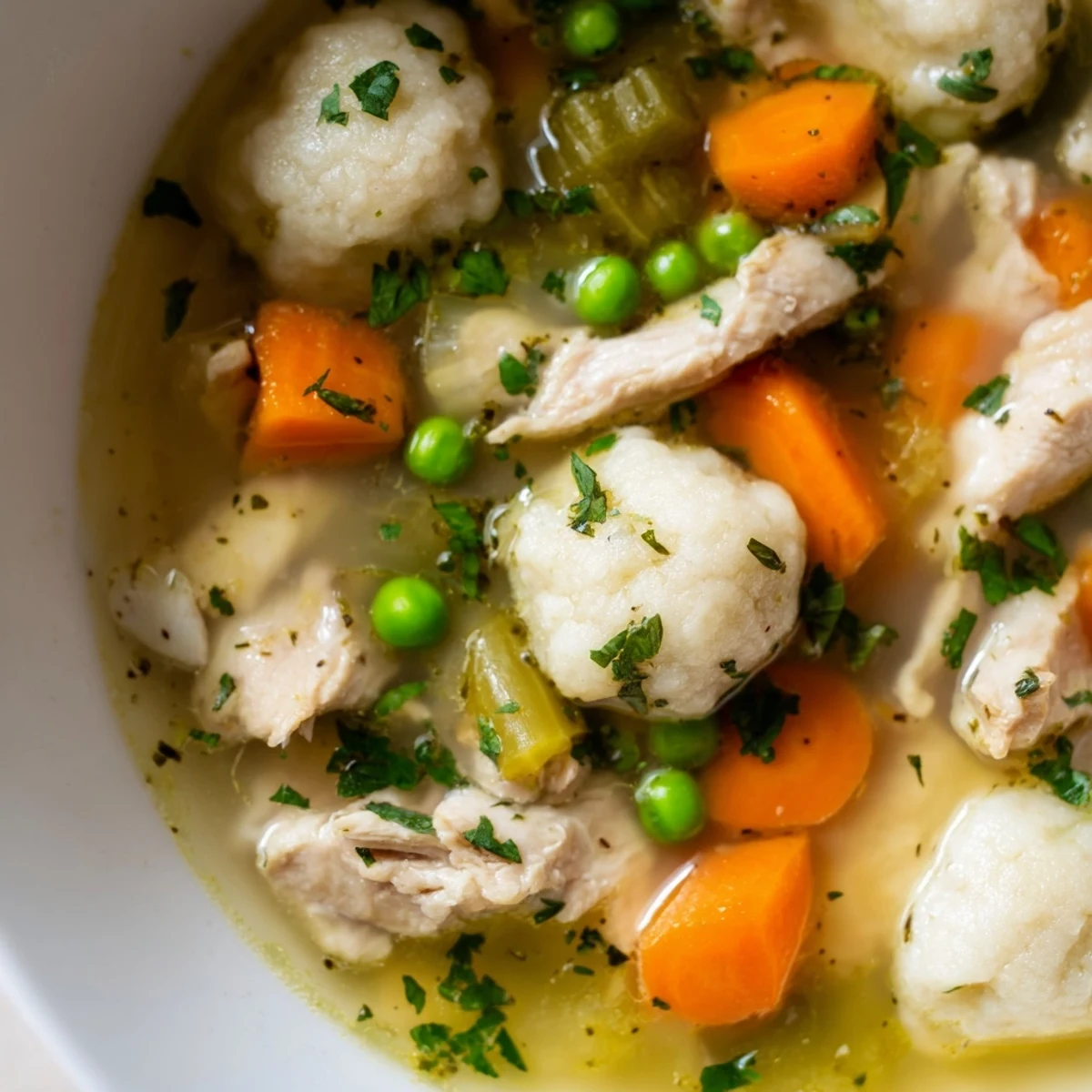 A close-up of One Pot Chicken Dumpling Soup in a bowl, garnished with fresh parsley and carrots.