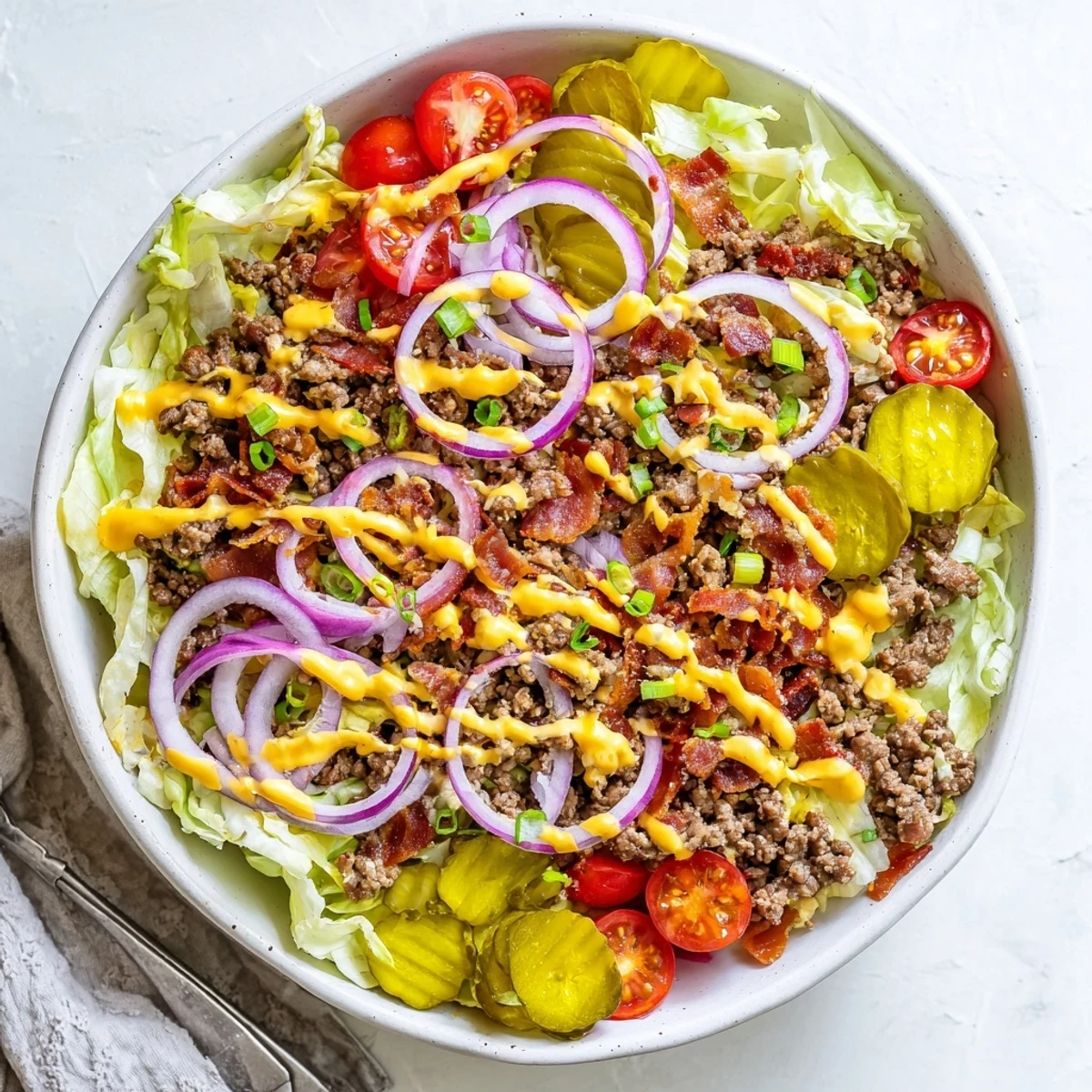 A vibrant Smash Burger Bowl topped with melted cheddar, bacon, and drizzled with smash sauce.