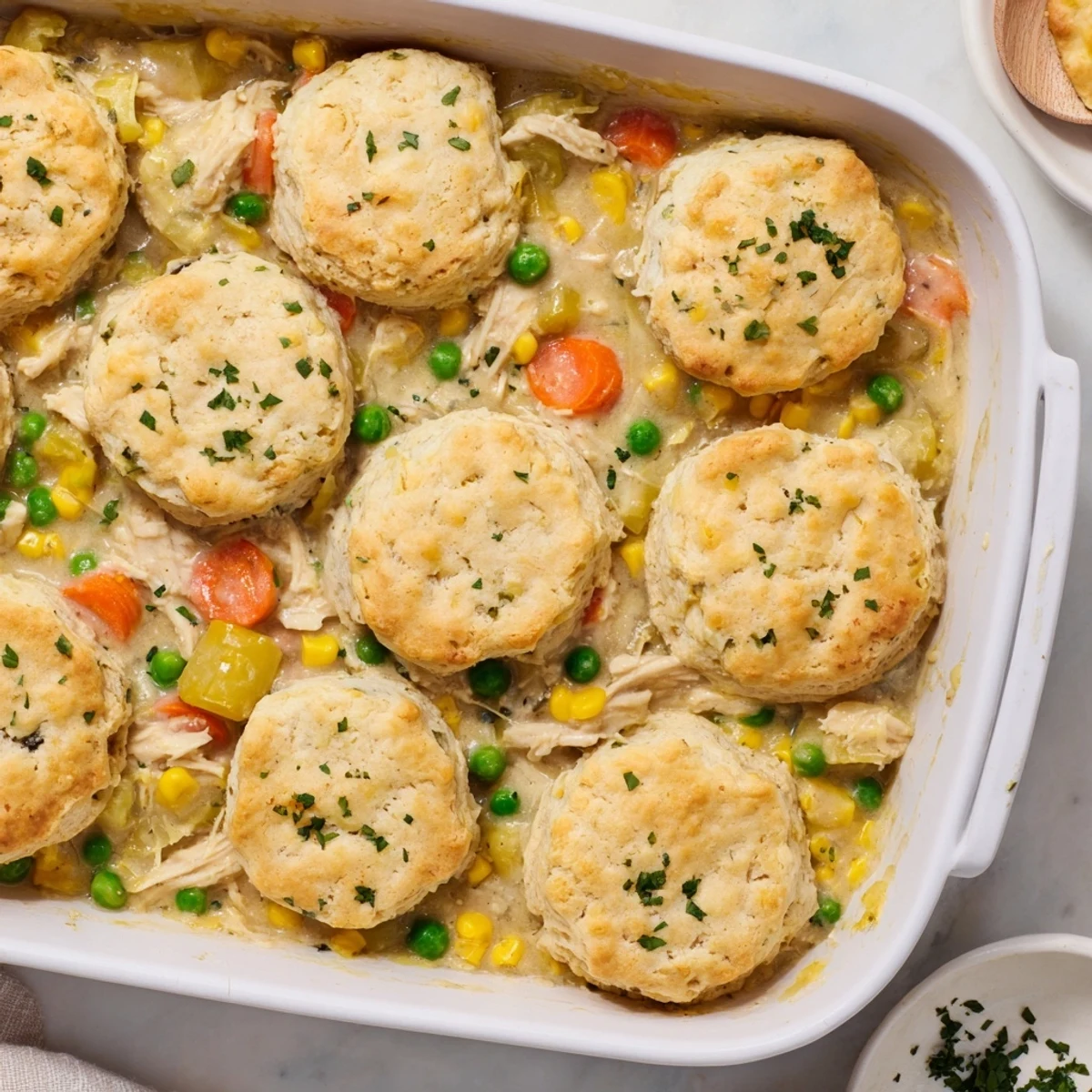 Golden Red Lobster Biscuit Chicken Pot Pie with bubbling filling and cheesy biscuit topping on a rustic table.