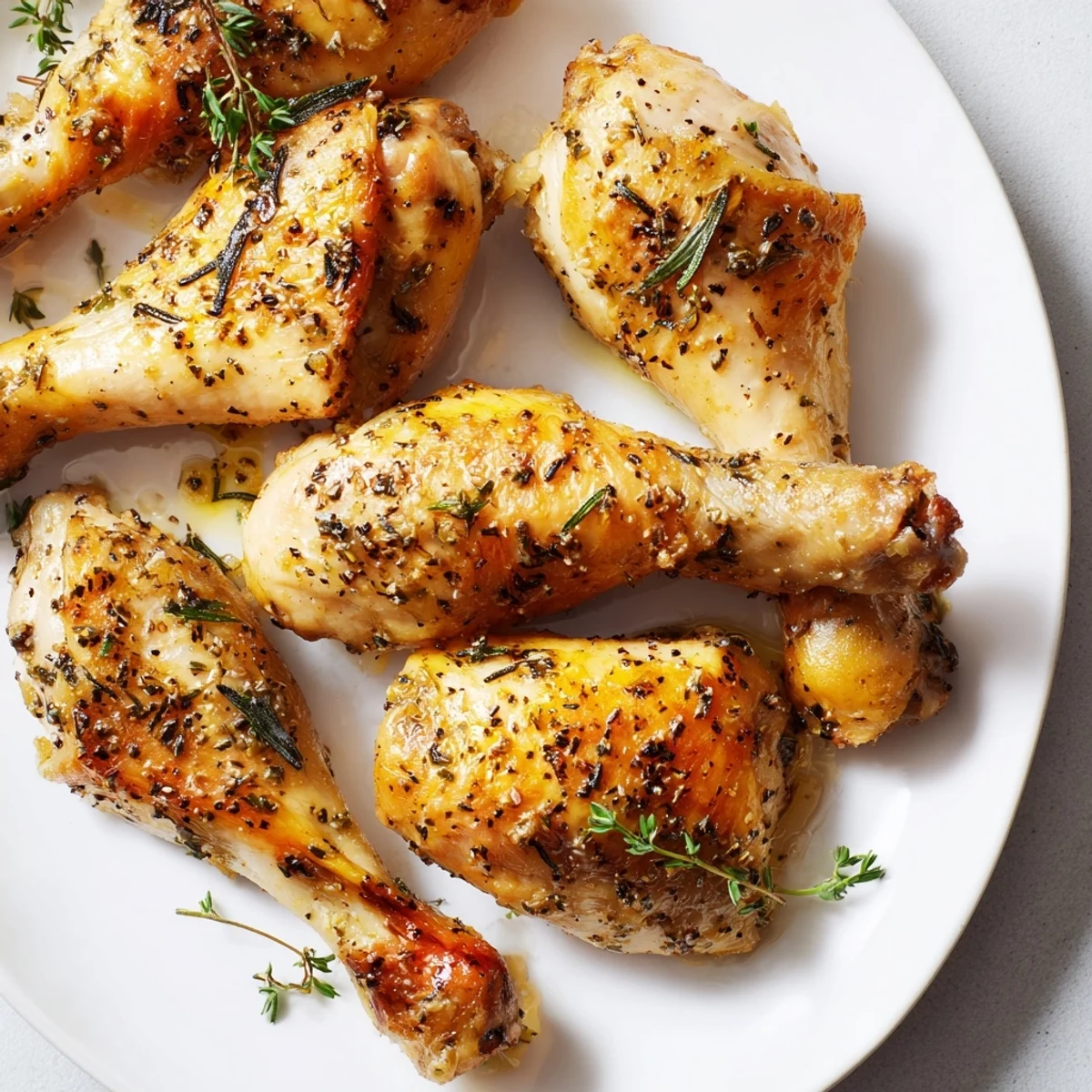 Golden-brown Herb Roasted Chicken Drumsticks rest on a platter, garnished with fresh parsley and lemon wedges for a bright, zesty finish.