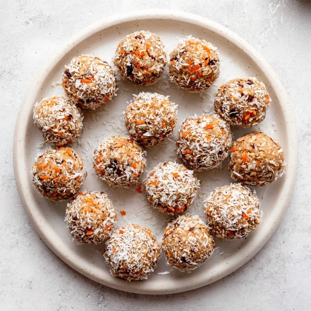 Golden No Bake Carrot Cake Bites coated in shredded coconut, showing moist texture and sweet carrot flecks.