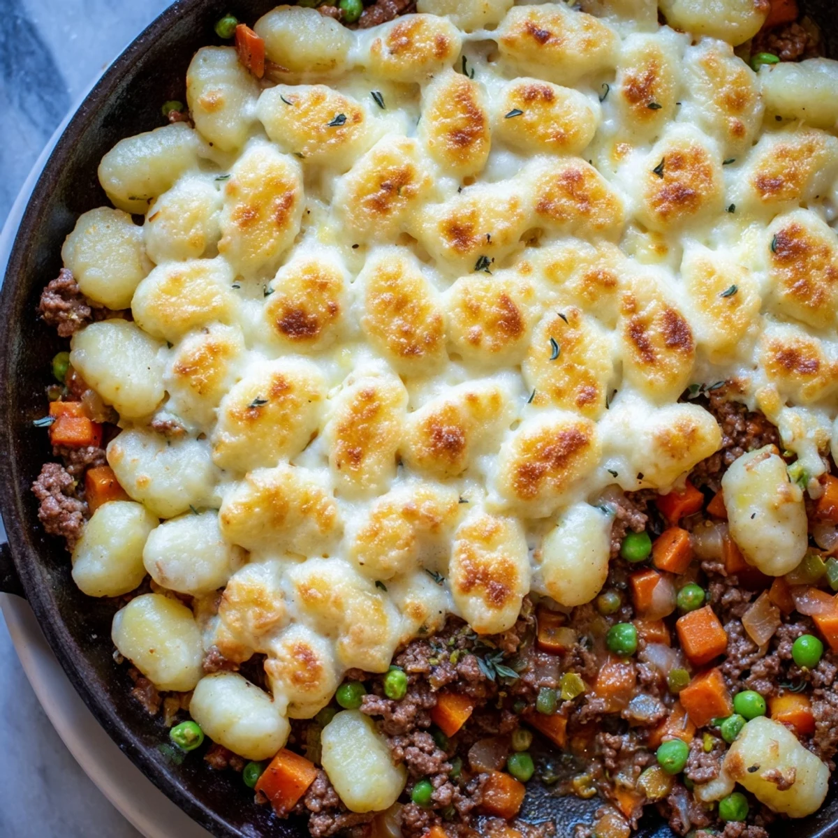 Golden-brown, cheesy gnocchi baked over a rich, savory beef and vegetable filling in a cast-iron skillet, a comforting Quick Gnocchi Shepherds Pie.