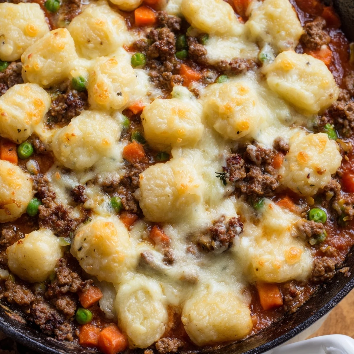 Close-up view of Quick Gnocchi Shepherds Pie with bubbly cheddar topping and tender gnocchi nestled into a hearty beef and pea stew.