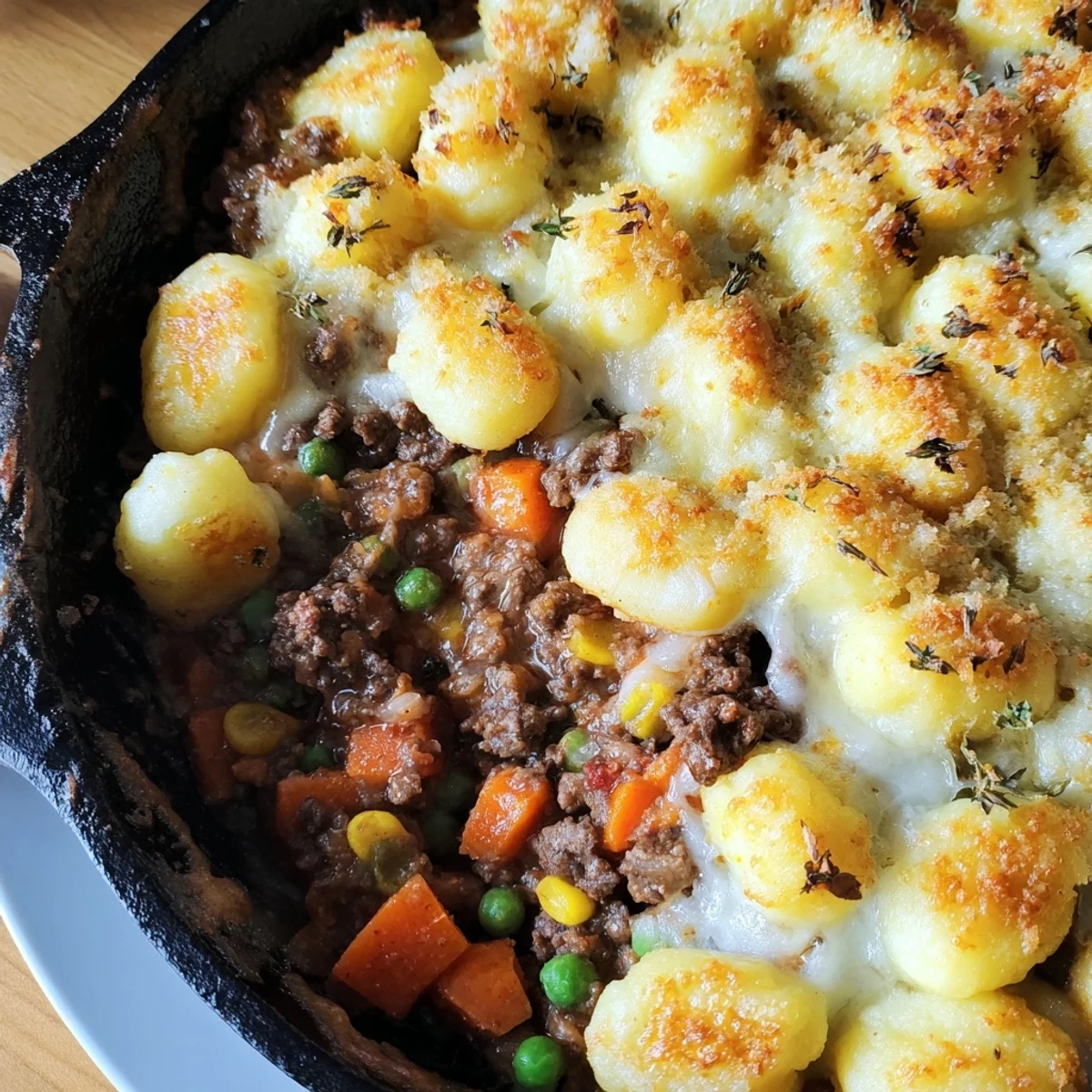 Freshly baked Quick Gnocchi Shepherds Pie served in a skillet, garnished with thyme and ready to scoop for a cozy weeknight dinner.