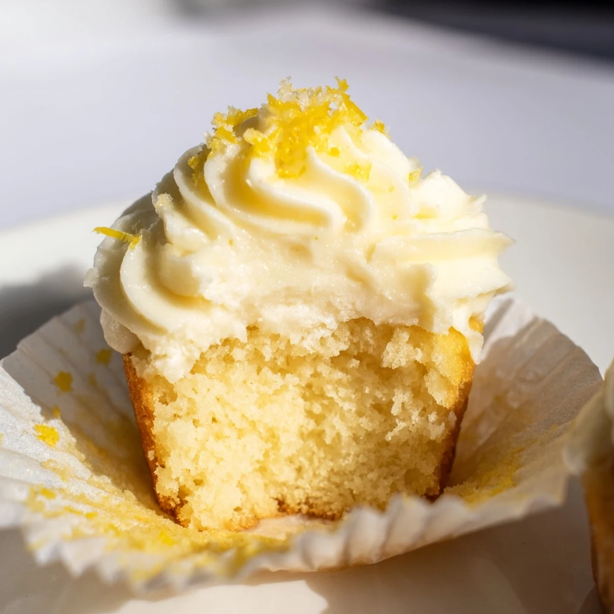 A close-up view of golden Limoncello Cupcakes topped with swirls of tangy lemon frosting and zest.