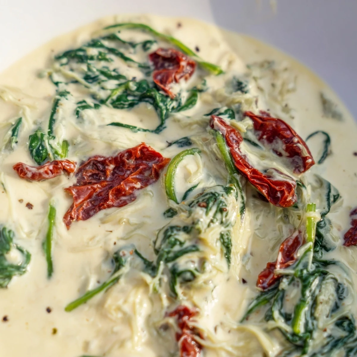 A close-up of Creamy Tuscan Garlic Sauce simmering in a skillet with spinach and sun-dried tomatoes.