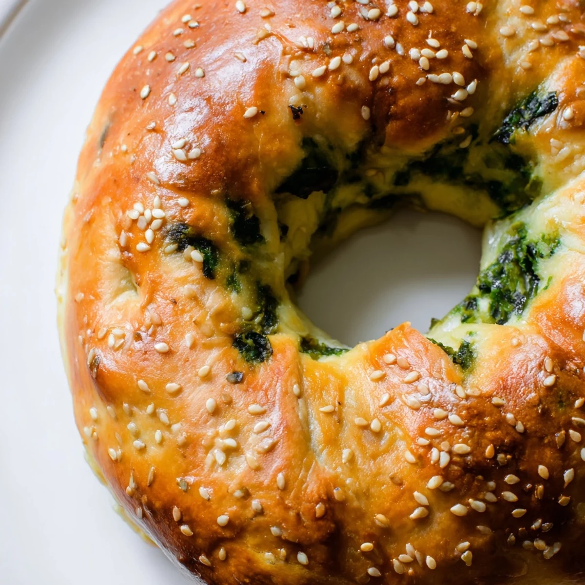 A stack of warm spinach cottage cheese flagels offers a hearty breakfast, topped with melting butter and a side of cream cheese.