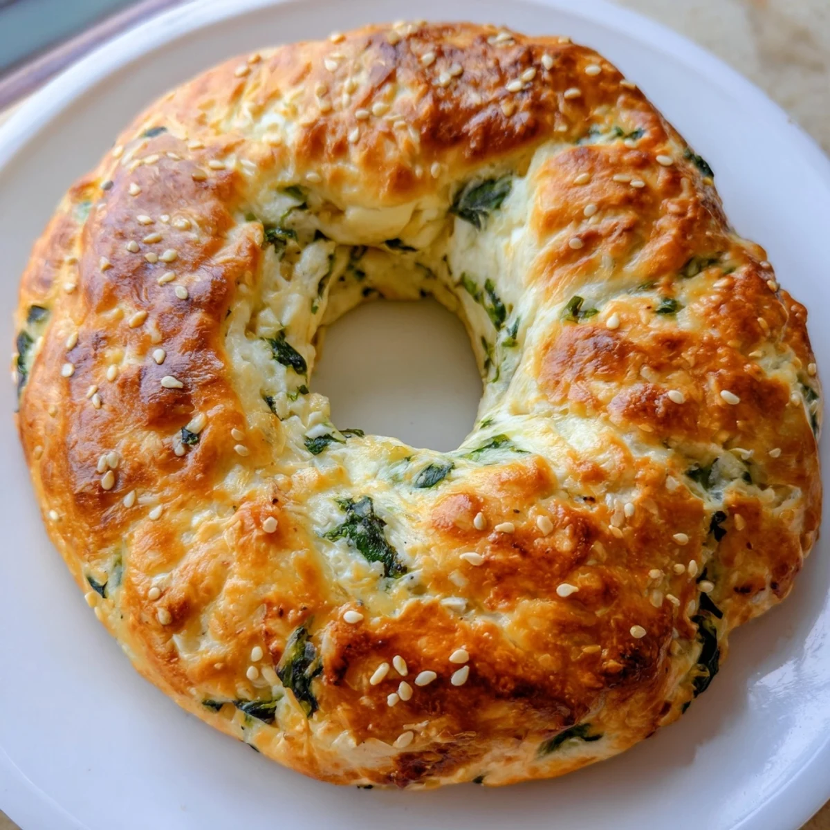 Golden-brown spinach cottage cheese flagels rest on a wire cooling rack, with visible green specks and a chewy, flattened ring shape.