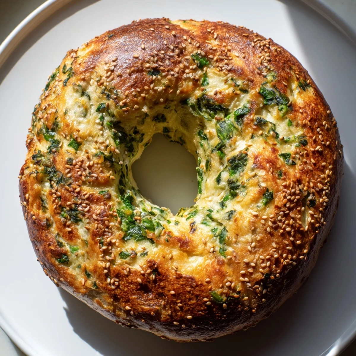 Freshly baked spinach cottage cheese flagels showcase a rustic, golden crust and soft interior, perfect for toasting and serving with eggs.