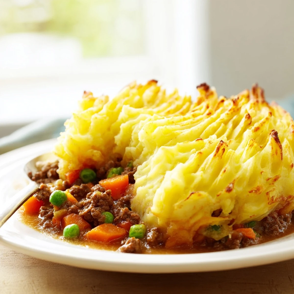 A bubbling Easy Shepherds Pie emerges from the oven, revealing tender Yukon Gold potatoes over a rich beef mixture.