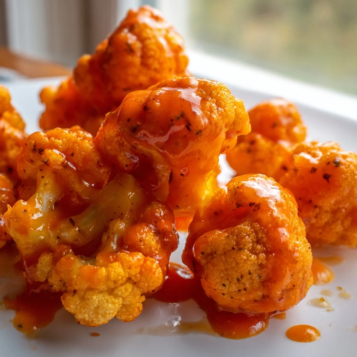 Golden Air Fryer Buffalo Cauliflower florets glistening with tangy red sauce, served with celery sticks on a rustic wooden board.