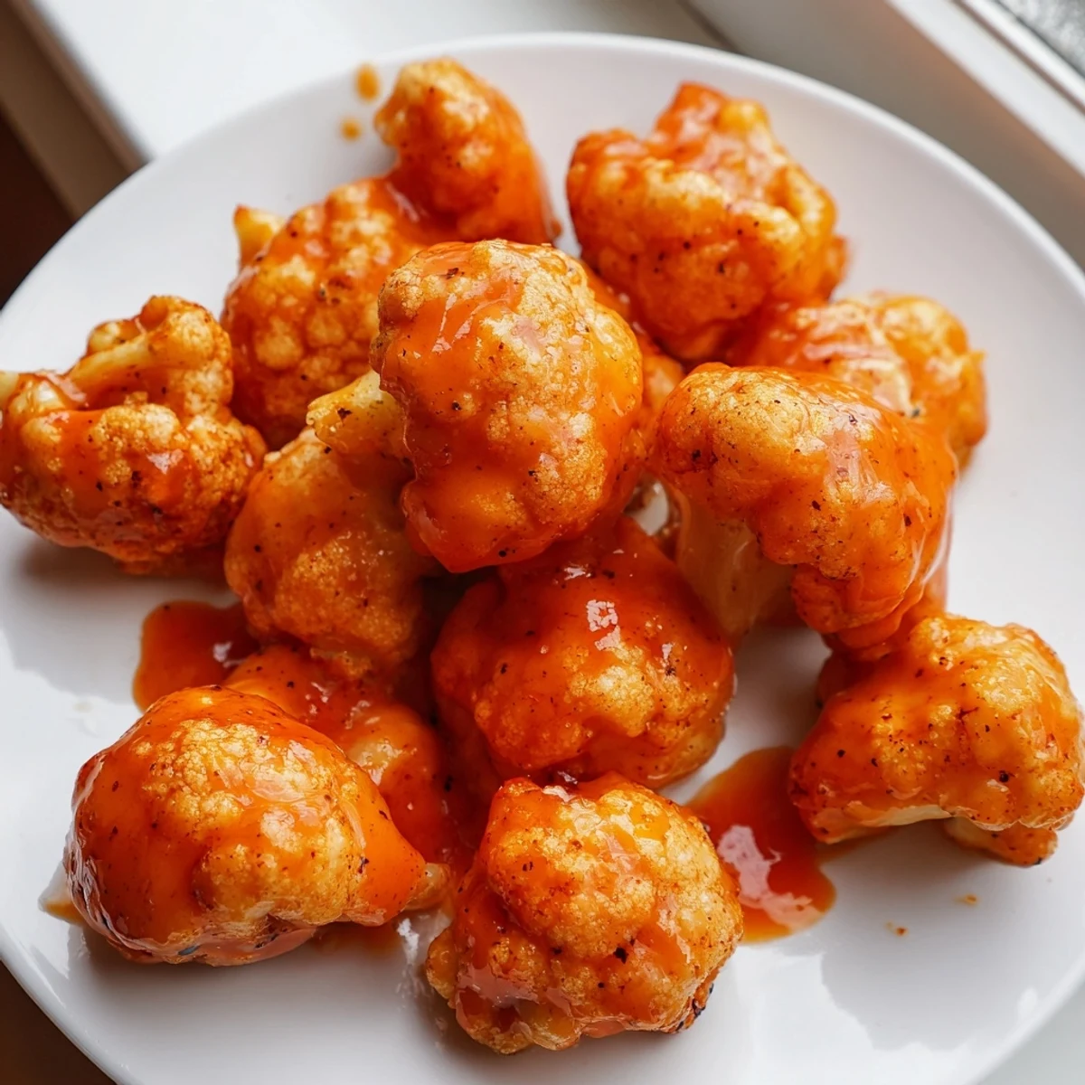 Freshly cooked Air Fryer Buffalo Cauliflower piled high, showing off crunchy texture and vibrant spicy buffalo glaze for game day.