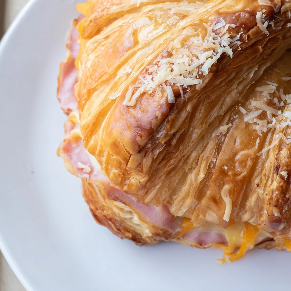 Freshly baked Stuffed Croissants with golden flaky layers and melted Swiss cheese oozing out.