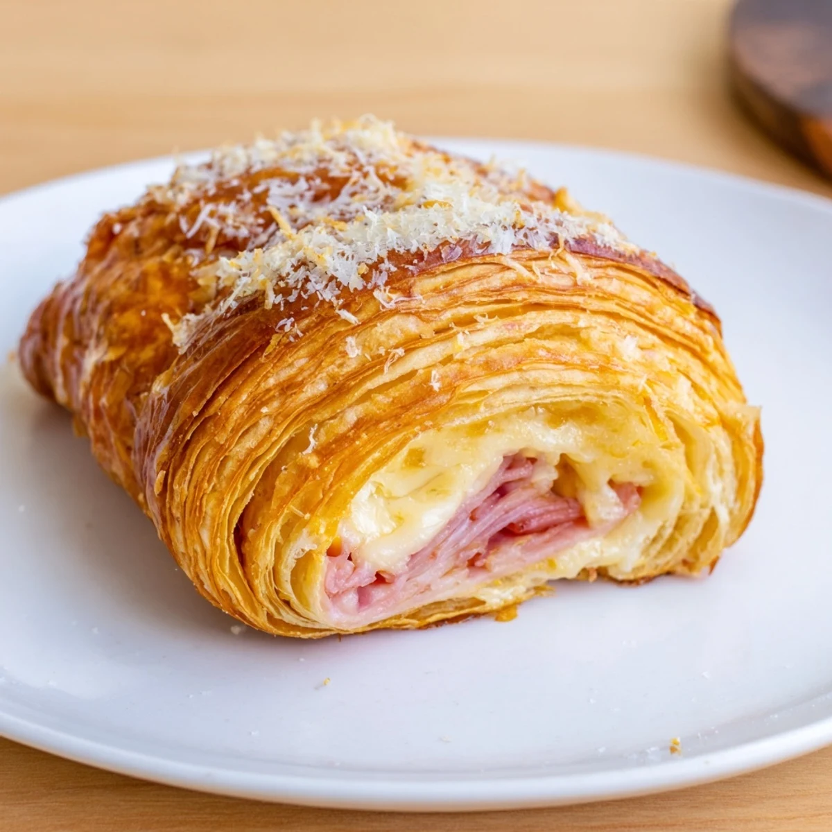 Warm Stuffed Croissants filled with savory ham and creamy Dijon sauce on a serving plate.