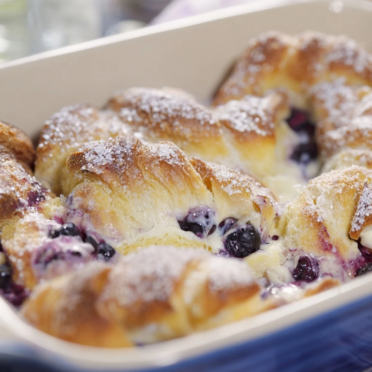 Slices of warm Blueberry Cream Cheese Croissant Casserole served on a white plate with a dusting of powdered sugar.