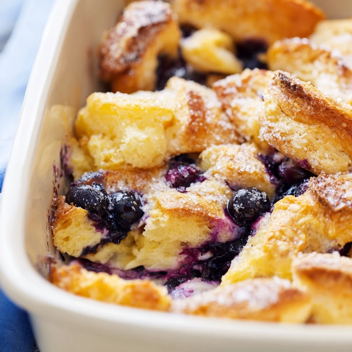 A close-up view of the golden brown Blueberry Cream Cheese Croissant Casserole with bubbly blueberries and creamy filling.
