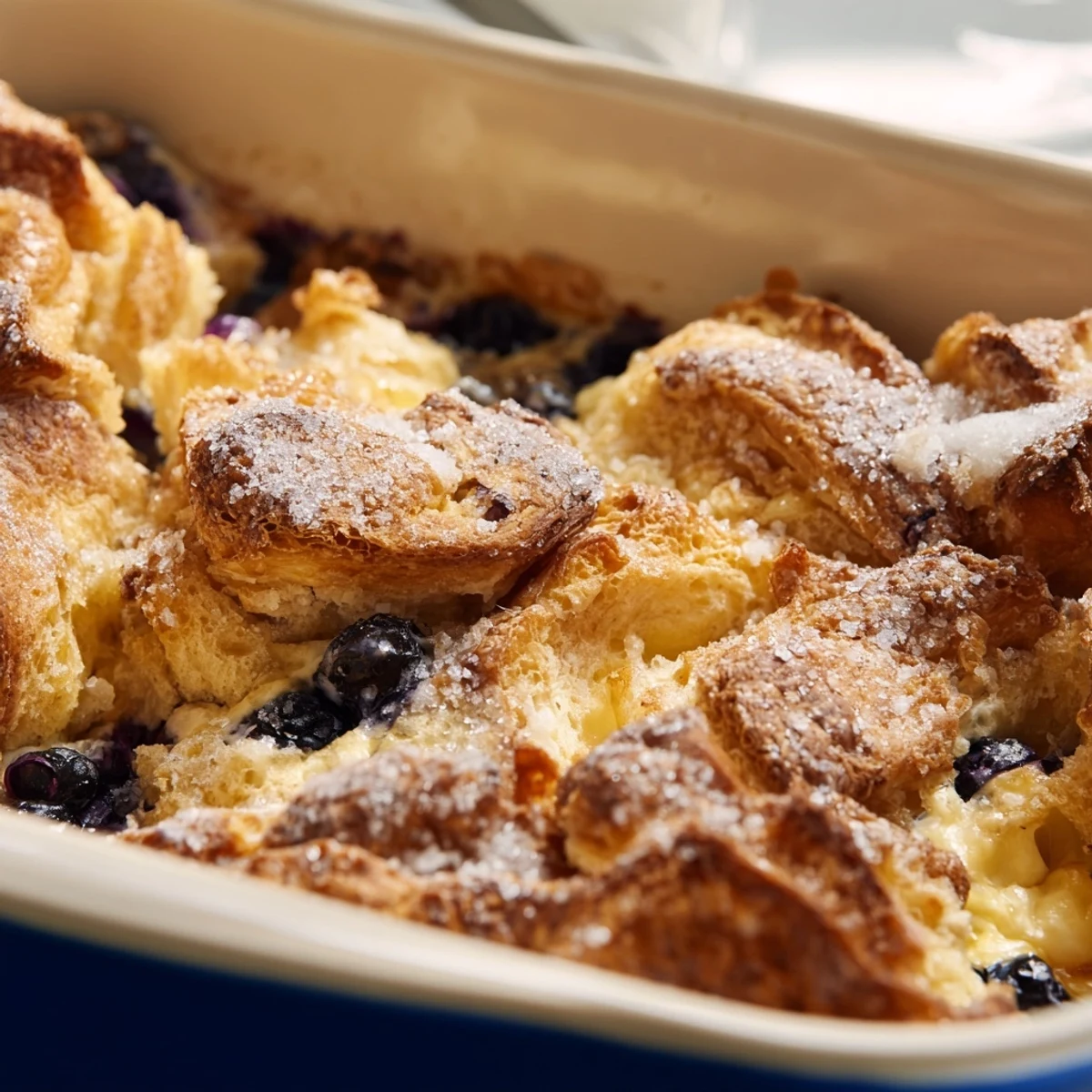 Fresh blueberries and melted butter topping the baked Blueberry Cream Cheese Croissant Casserole in a ceramic dish.