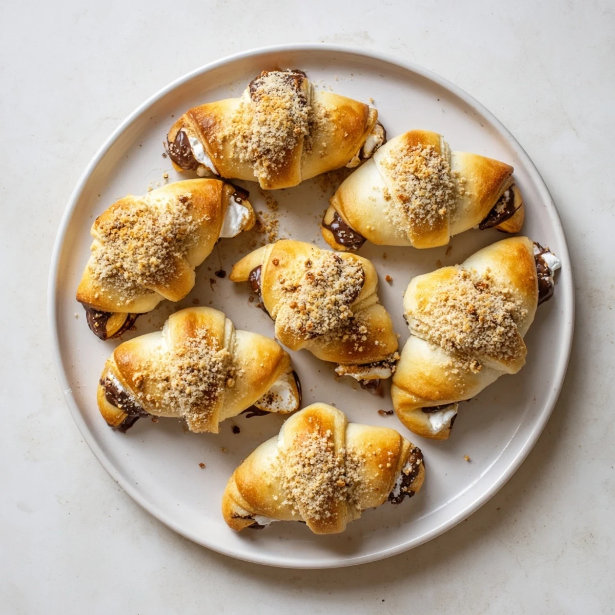 Gooey Smores Crescent Rolls filled with chocolate and marshmallow on a baking sheet.