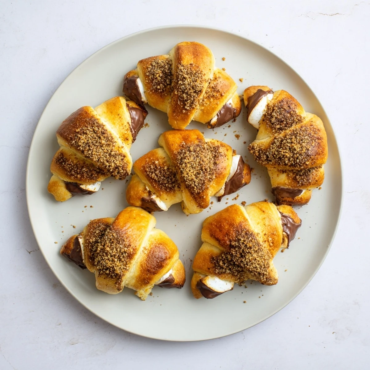 Freshly baked Smores Crescent Rolls showing melted chocolate and marshmallow filling inside.