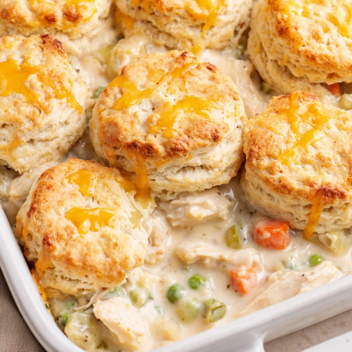 Golden, flaky Red Lobster Biscuit Chicken Pot Pie bubbling from the oven, topped with cheesy biscuits over creamy chicken filling.