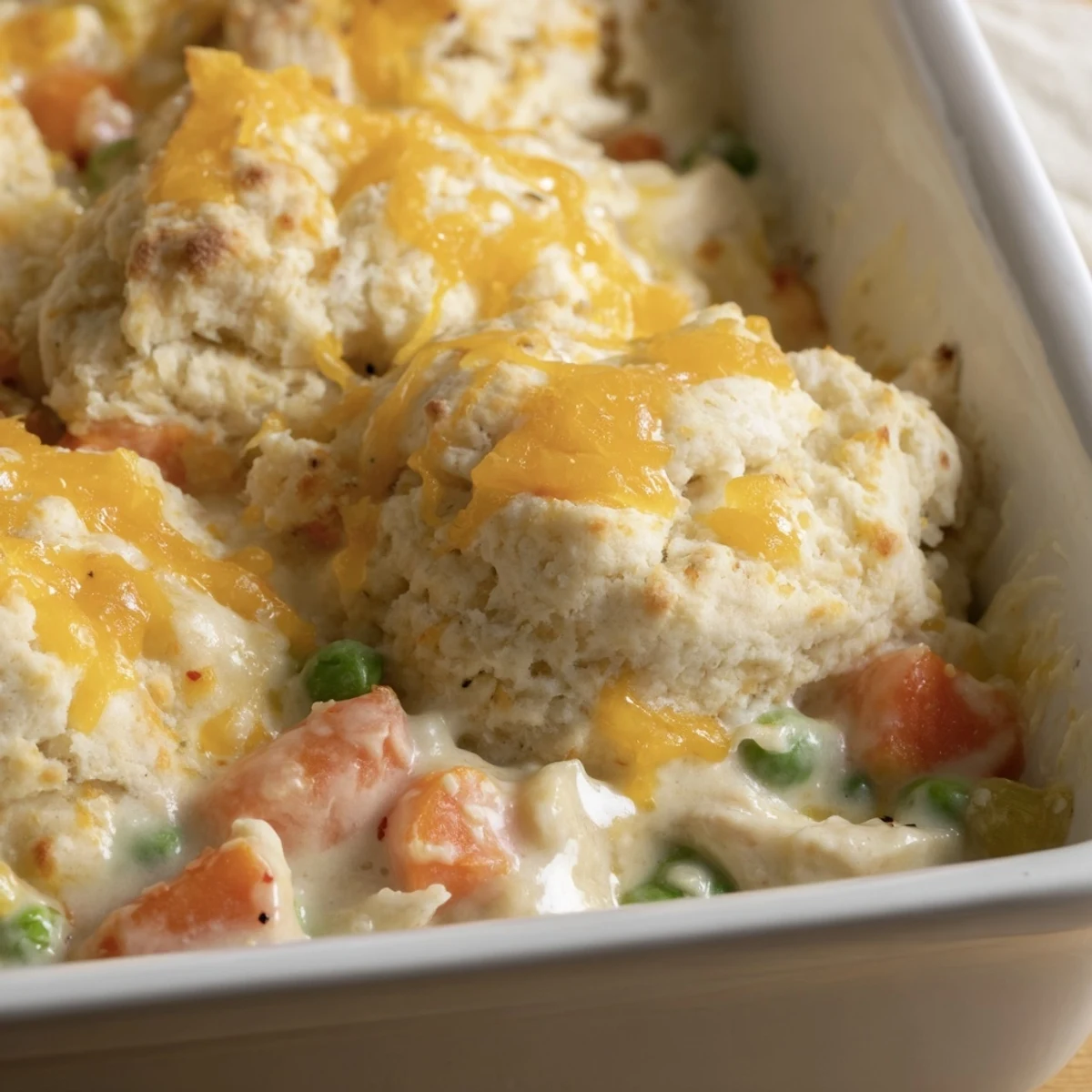 A comforting slice of Red Lobster Biscuit Chicken Pot Pie reveals tender vegetables and hearty chicken beneath buttery cheddar biscuit topping.