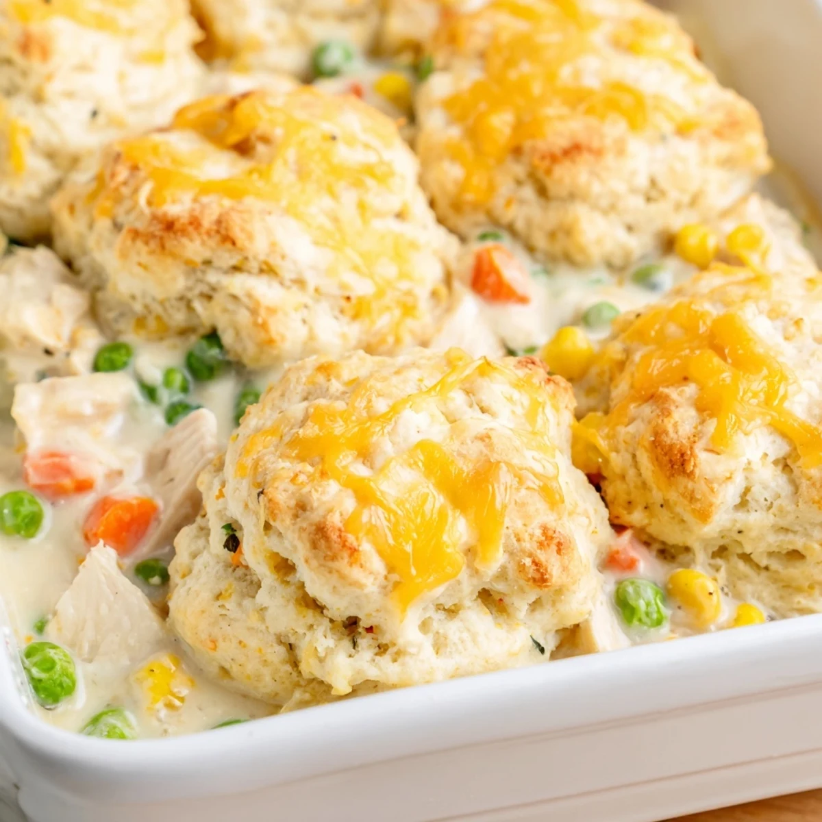 Steaming Red Lobster Biscuit Chicken Pot Pie served in a skillet, golden biscuit crust brushed with garlic herb butter beside a green salad.