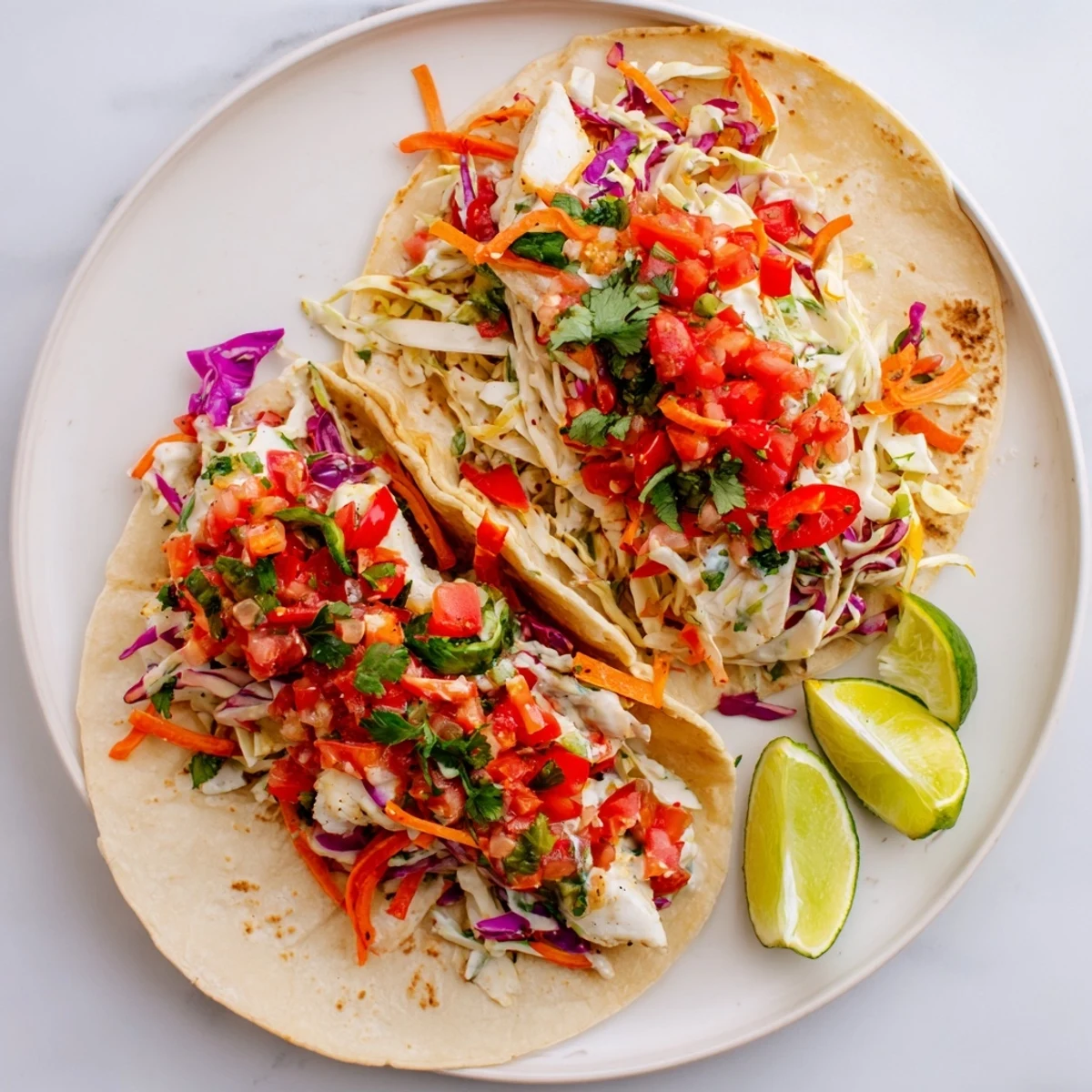 Crisp barramundi tacos with rainbow slaw and salsa arranged on a plate for an easy weeknight dinner.