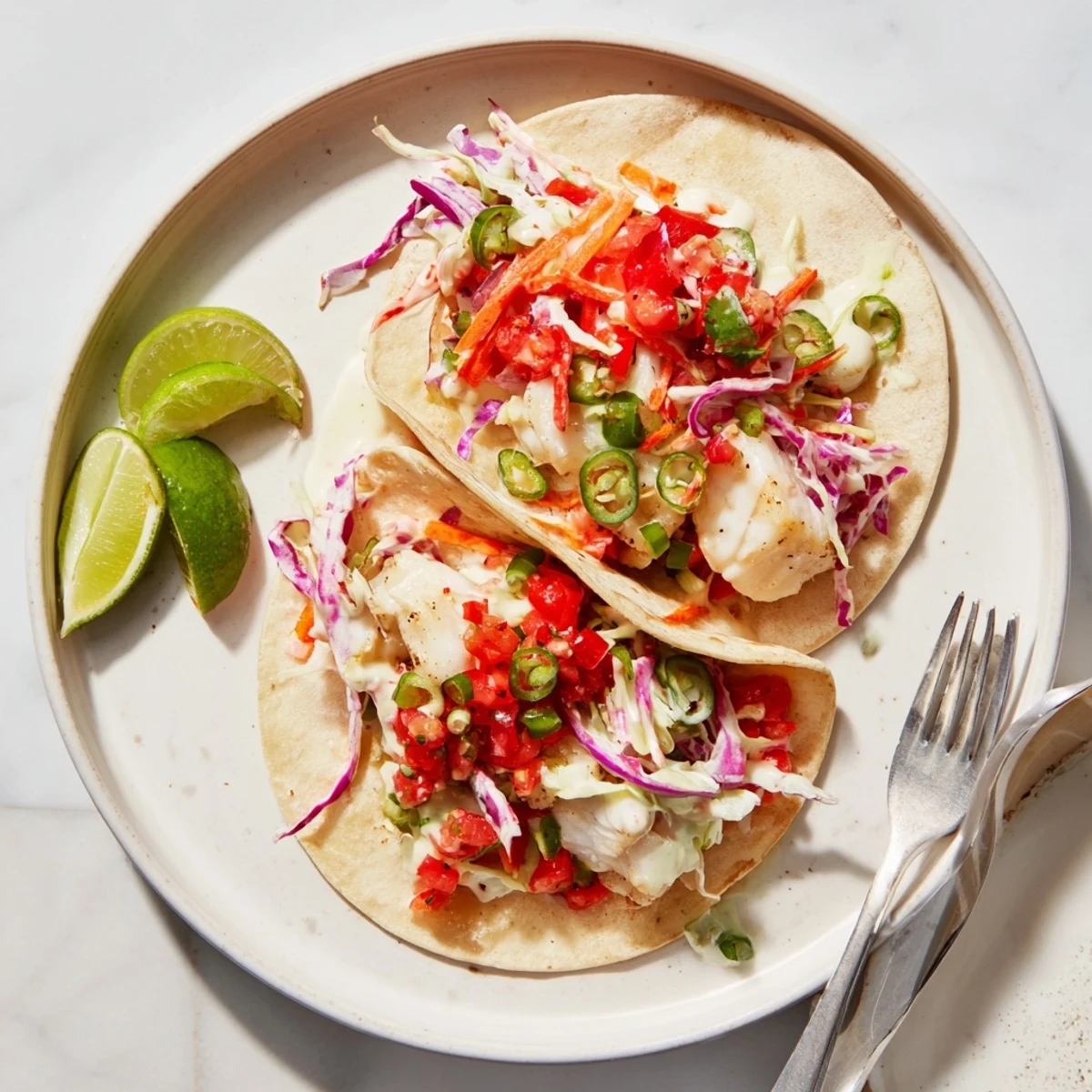 Seasoned barramundi fillets flake nicely beside vibrant rainbow slaw and zesty salsa in a fresh fusion taco.