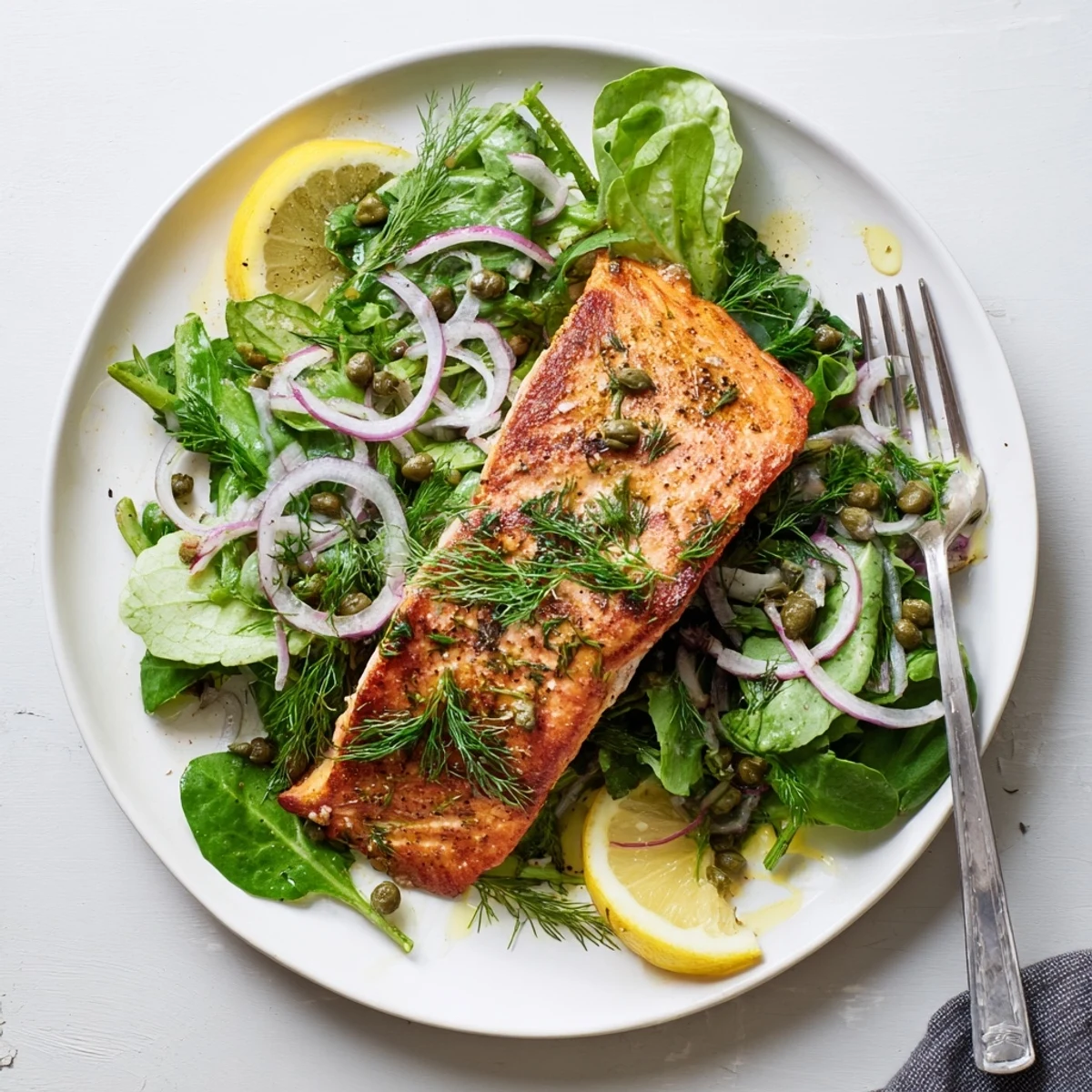 Crispy Skin Tasmanian Atlantic Salmon glistens with golden sear beside a bright lemon herb salad garnish.  