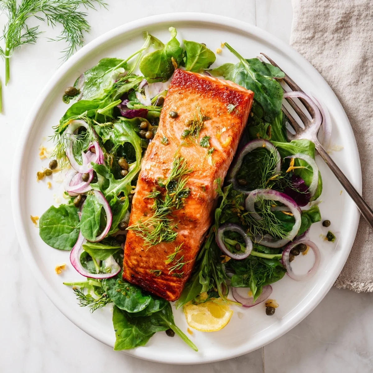 Serving suggestion for Crispy Skin Tasmanian Atlantic Salmon plated with fresh arugula and dill salad.