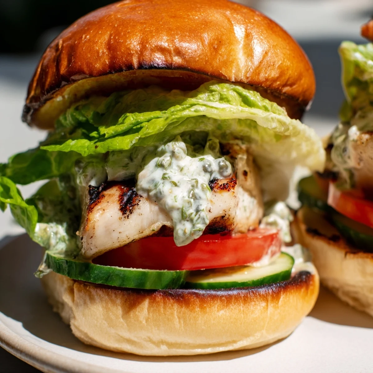 Grilled flaky barramundi fillet on a toasted brioche bun with smoky cos lettuce for the BBQ Barramundi Burger.