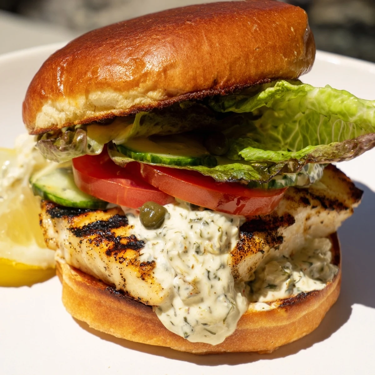 Juicy BBQ Barramundi Burger with grilled romaine and zesty tartare, served with tomato and cucumber on a soft bun.