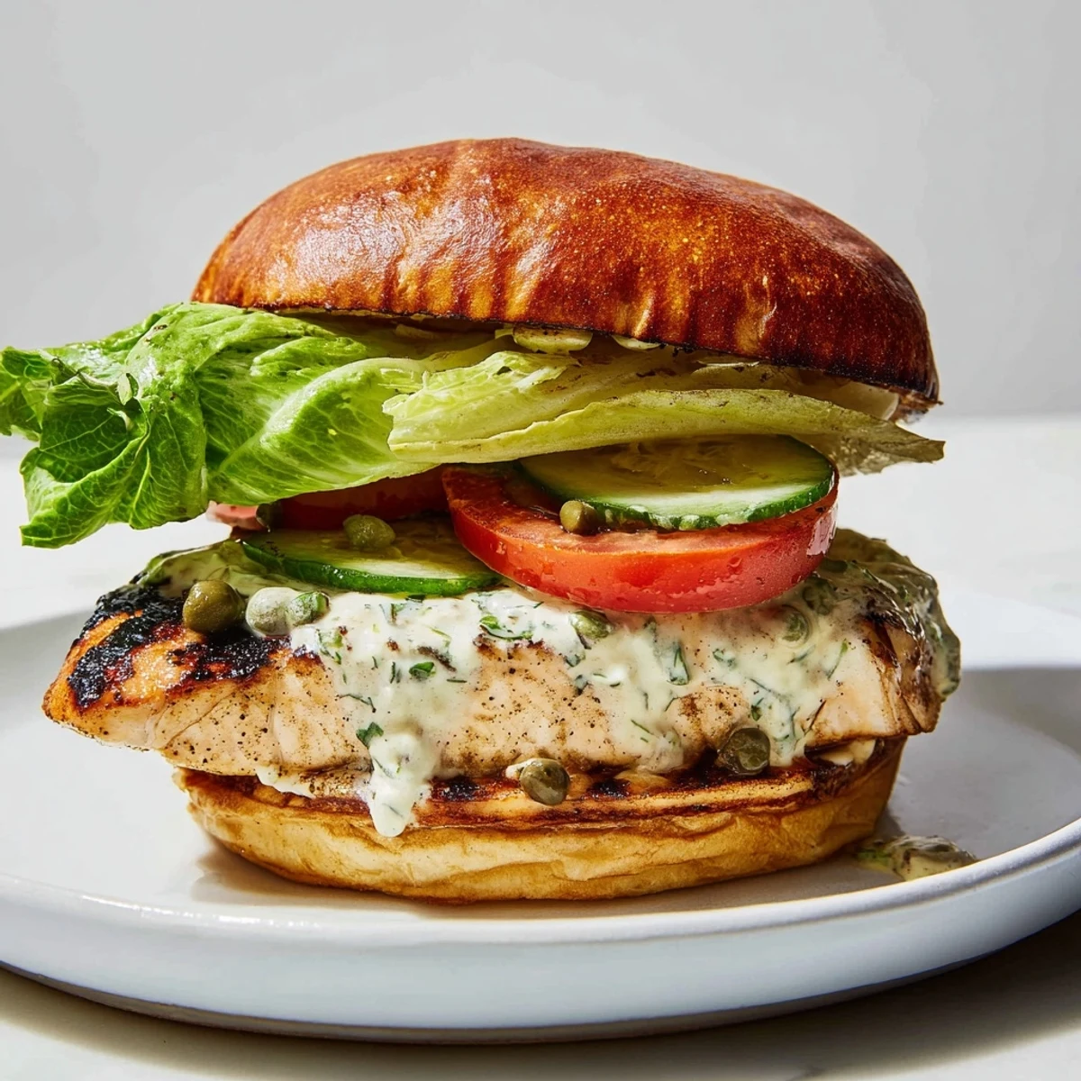 Close-up of the BBQ Barramundi Burger featuring charred cos lettuce and vibrant grilled lemon jalapeño tartare sauce.