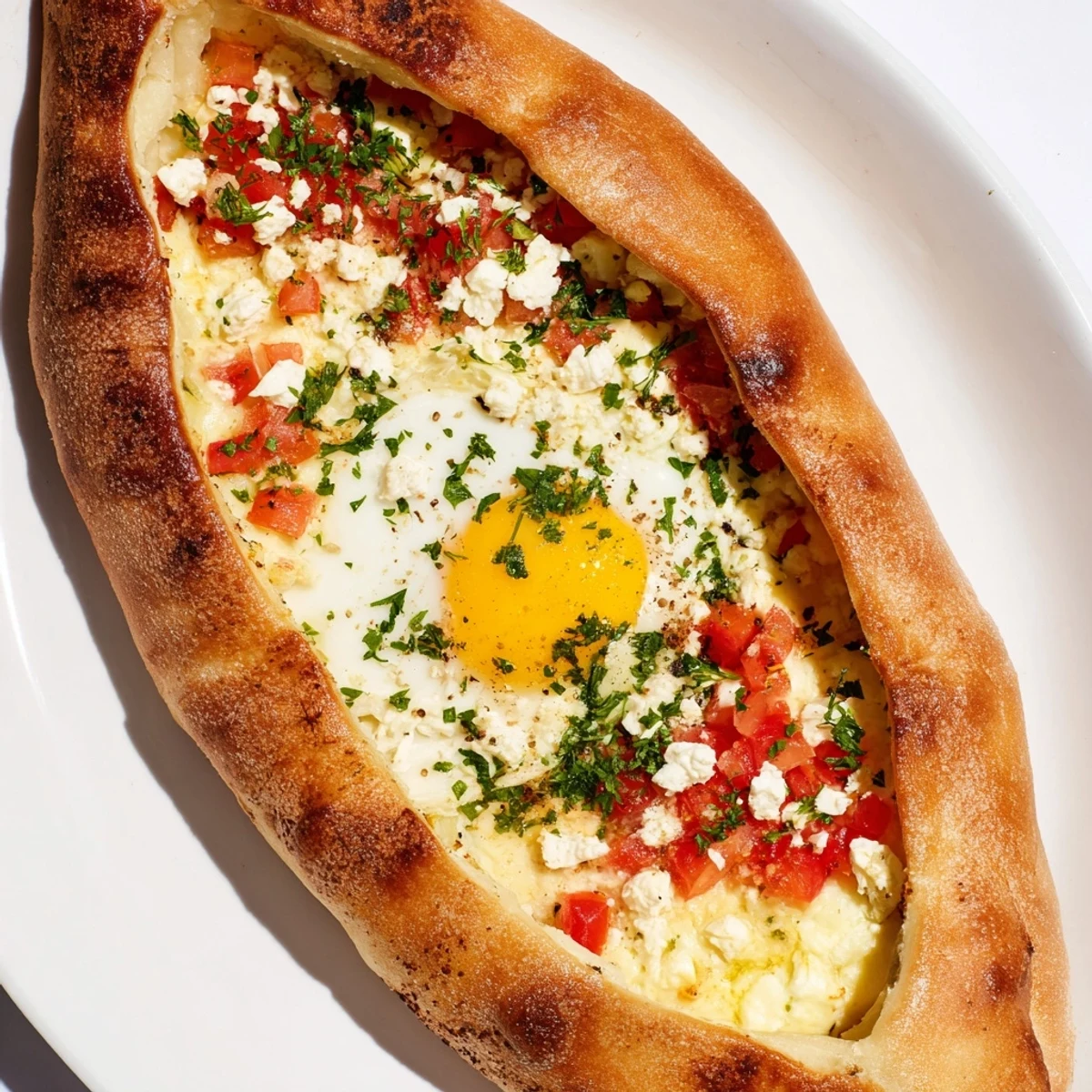 Freshly baked Turkish Pide with egg, tomato, and cheese on a rustic wooden board.