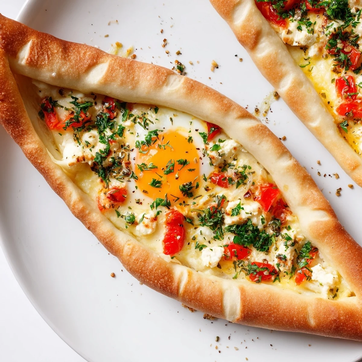 Slice of warm Turkish Pide with egg, tomato, and cheese served with fresh salad.