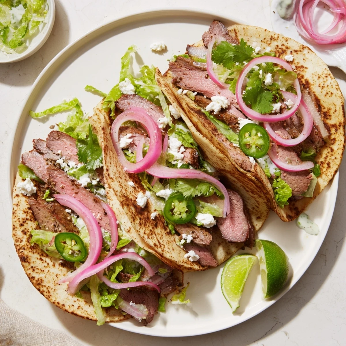 Close-up view shows aromatic spices on perfectly cooked cumin crusted leg of lamb, ready to be served in soft tacos.