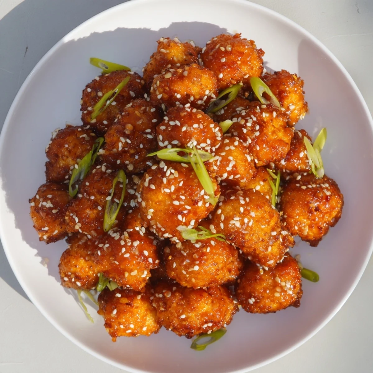 Golden crispy Sticky Honey Garlic Cauliflower florets glistening with sticky sauce and sesame seeds on a plate.