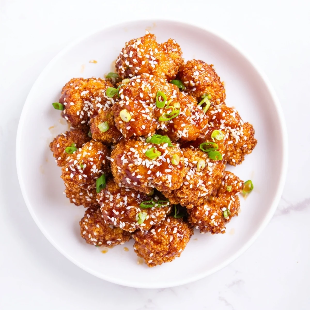 Savory Sticky Honey Garlic Cauliflower served hot with chopped green onions and a fork, ready to eat.