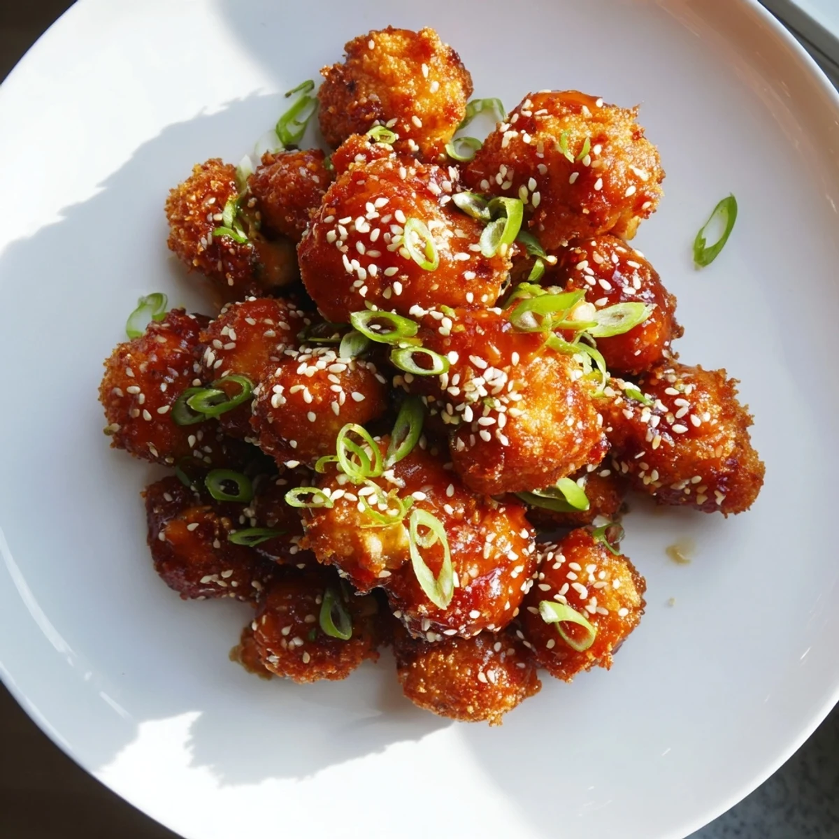 Close-up of Sticky Honey Garlic Cauliflower coated in sticky glaze, garnished with sesame seeds, beside steamed rice.